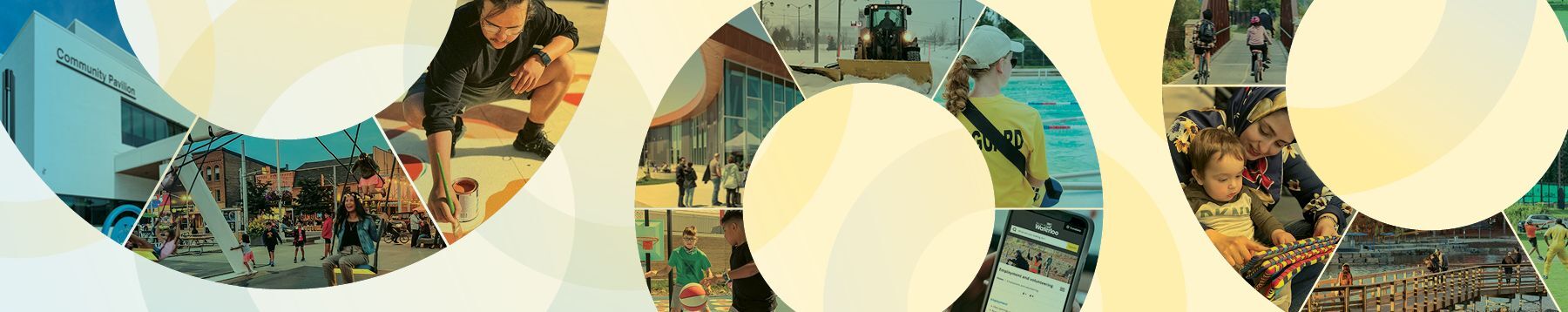 A series of pie chart-type circles with photos of city services inside