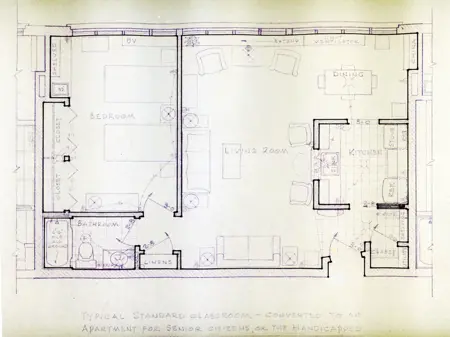 Image shows the layout of a classroom - Ariel view sketched 