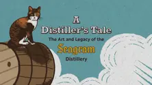 A Distiller's Tale exhibit banner image showing a stylized tortoise cat on a barrel on a blue and white background
