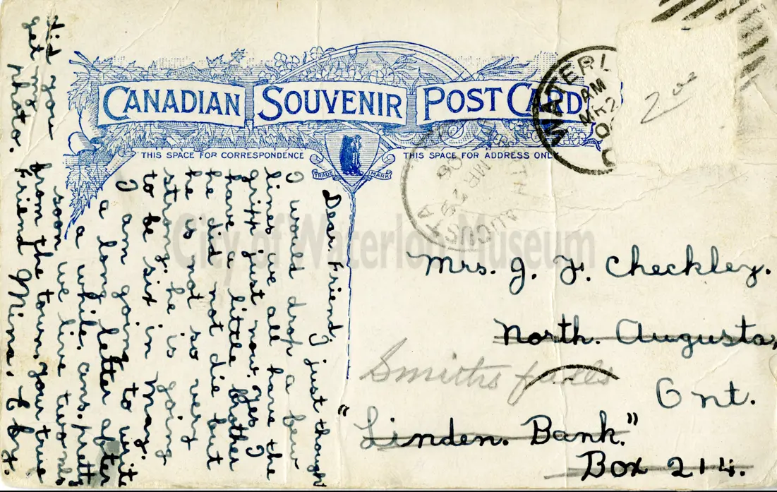 Image shows the back of the free library post card showing a written message in cursive. 