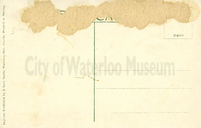 Image shows the back of a postcard with an illustrated version of the old Fire Hall and Market Building