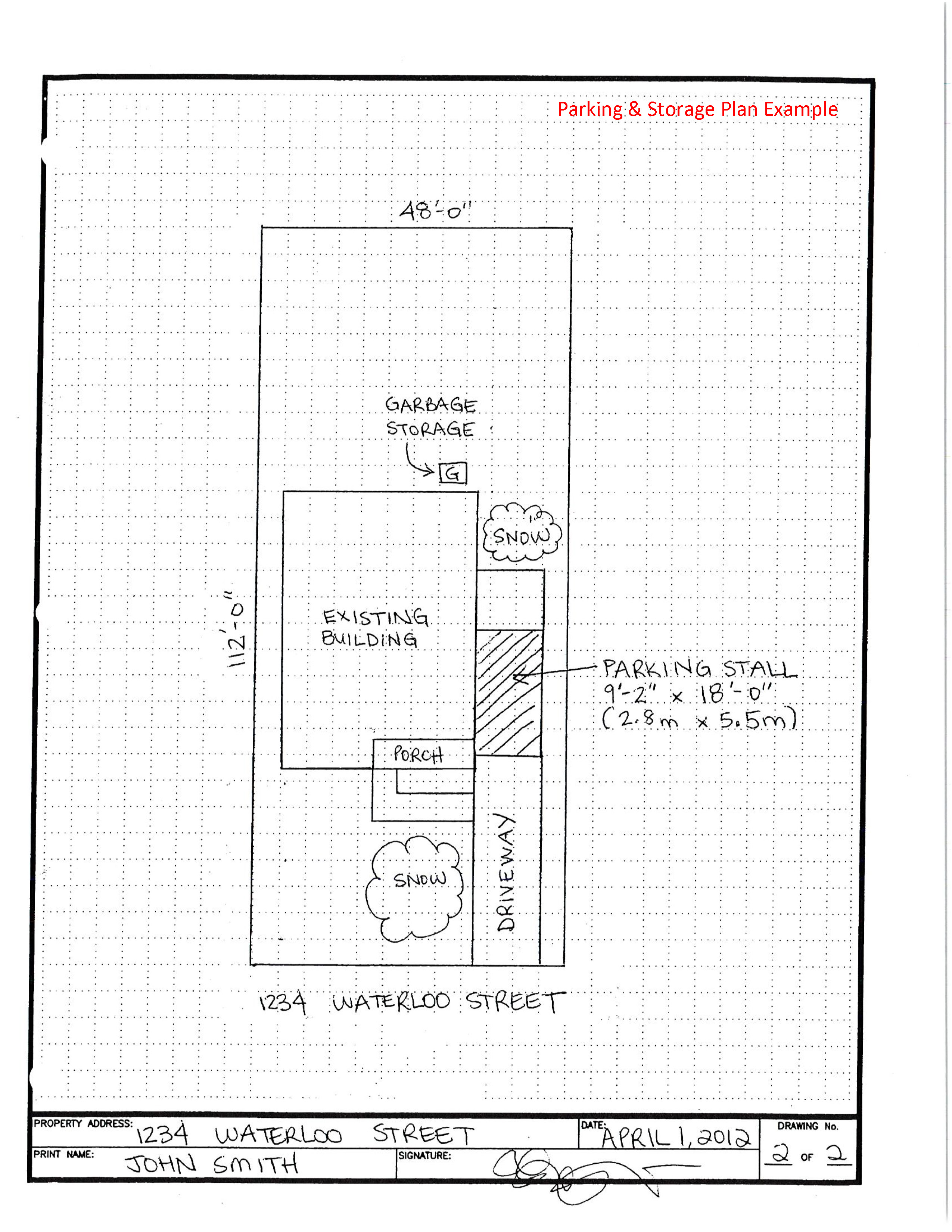 Sample parking plan showing driveway, parking stall dimensions, and storage areas.