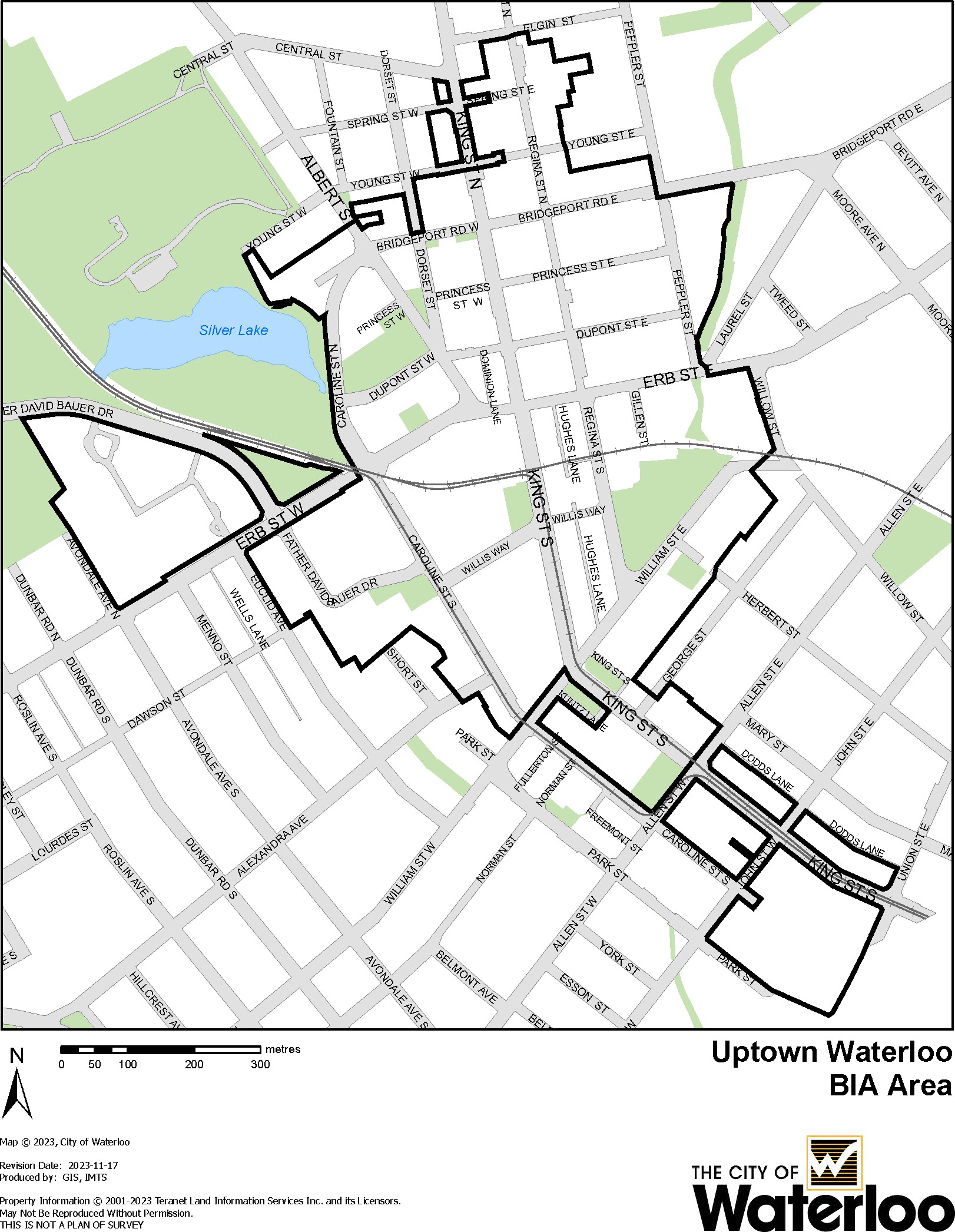 Map showing the boundaries of the Uptown Waterloo Business Improvement Area