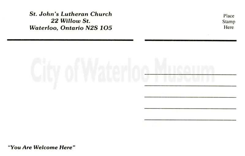 Back of St. John Lutheran Church Post card with a blank area to write a message