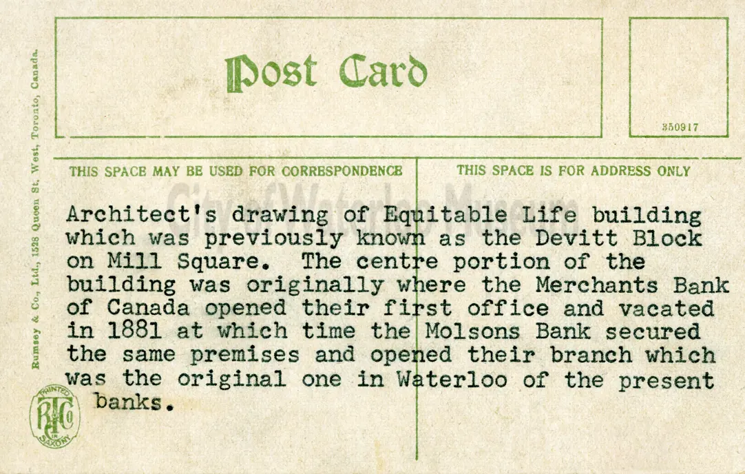 Back of postcard with writing about the original Equitable Life Building's history