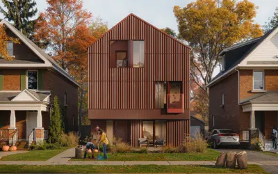 Three-storey fourplex with a modern exterior, located between detached homes on a tree-lined residential street.