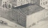 Black and white sketch of Seagram distillery exterior