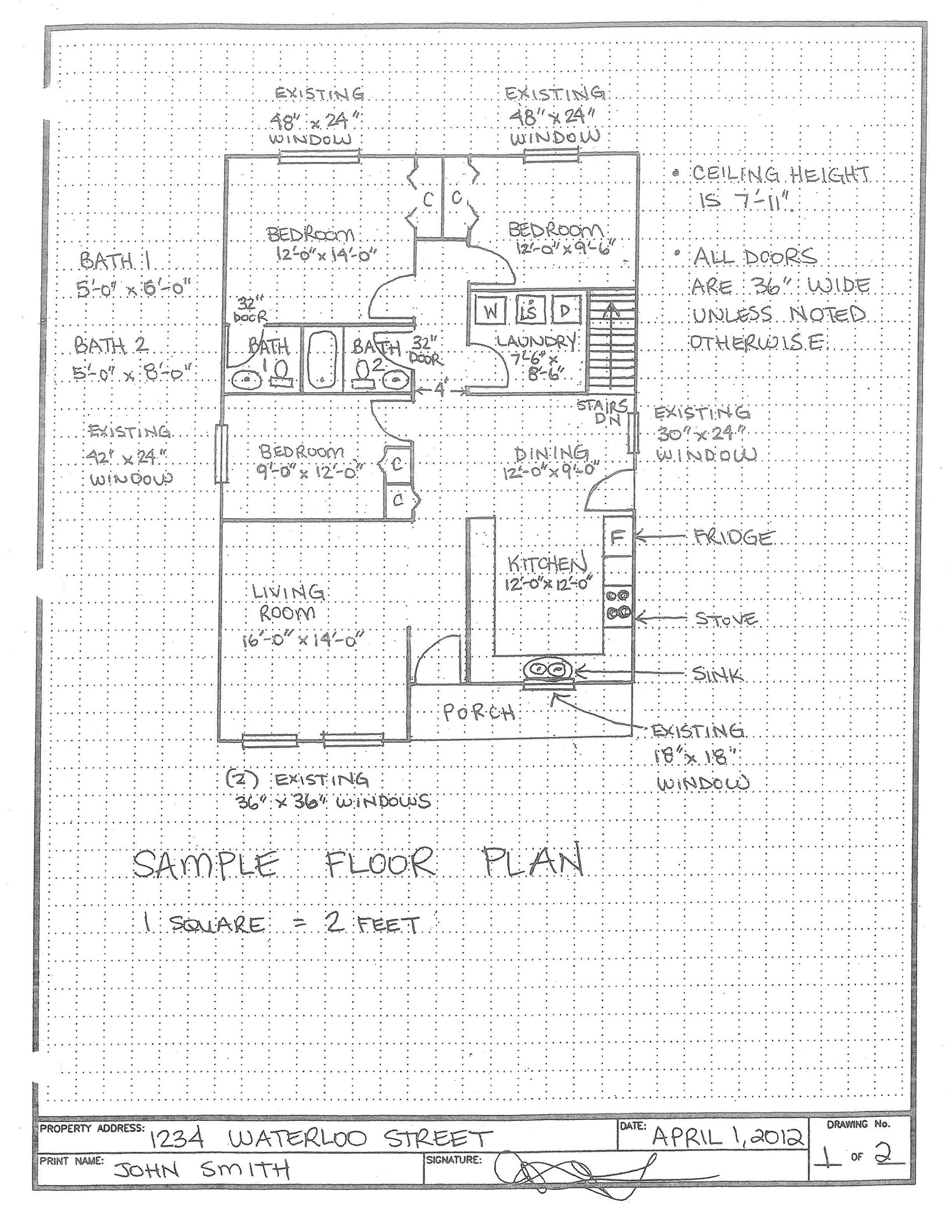Sample residential floor plan with labelled rooms, dimensions, windows, doors, and a scale.