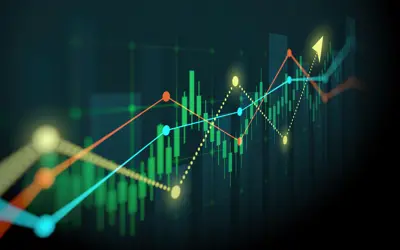 Financial chart with moving up arrow graph in stock market on green colour background