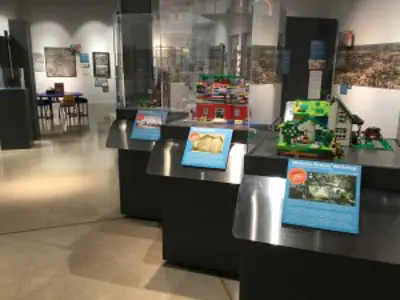 Three Lego buildings on display