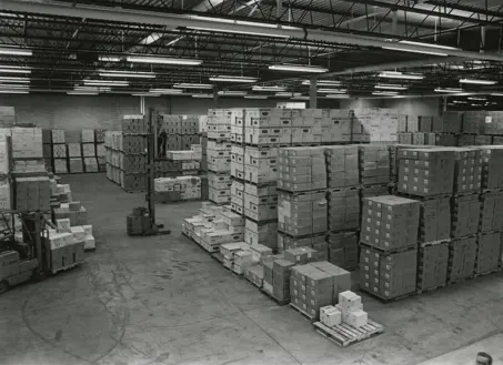 Black and white image of warehouse storage