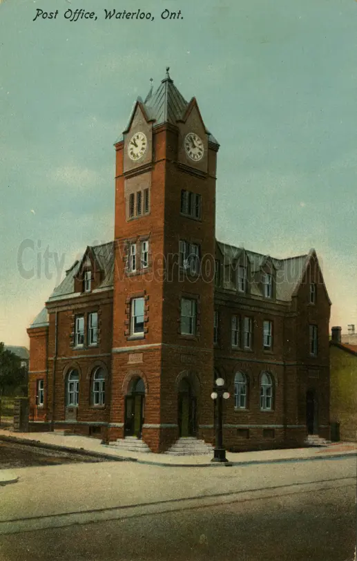 Image shows the front of a post card with a coloured illustration of the old Waterloo City Post Office