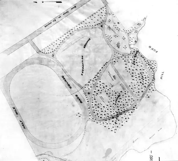 Detailed drawn plan of Waterloo Park showing pathways, water features, green spaces, labeled structures, and north arrow—likely an early 20th-century layout map.