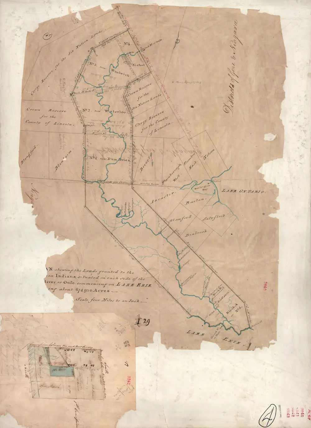 Reproduction of Thomas Ridout’s 1821 map depicting the Grand River Indigenous lands, with hand-drawn river lines, handwritten place names, and decorative cartographic elements.