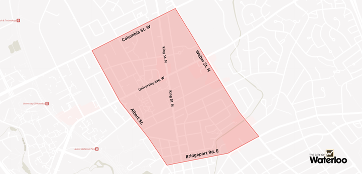 Image is a map of the areas in Waterloo that are under a parking ban during St Patrick's Day 2025