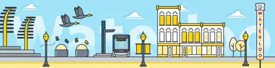 Illustration of uptown Waterloo with public art, streetlights, geese, trees, shopfronts and a City of Waterloo sign.
