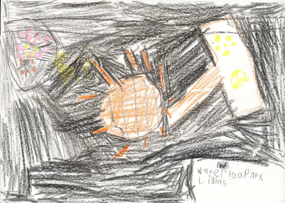 Pencil sketch by (surname) Blain depicting a scenic riverside view—trees, flowing water, and possibly bridge or park seating.