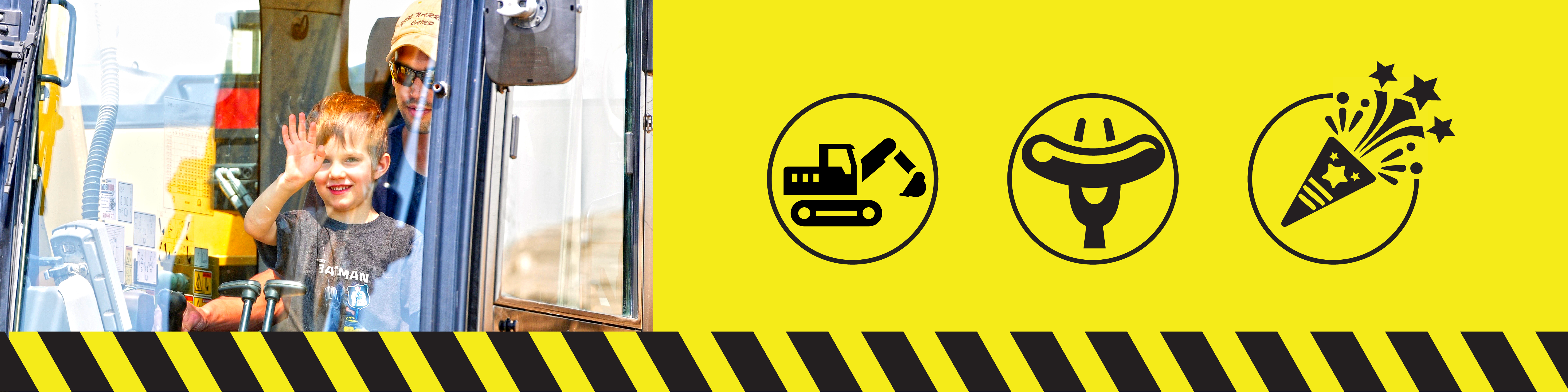 Child waving from inside a construction vehicle with an operator, alongside icons showing heavy equipment, a smiling face, and a celebration symbol on a bright yellow background.