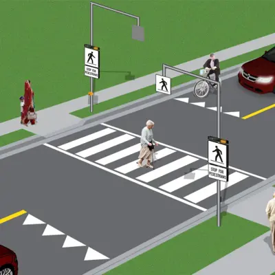 Image shows a graphic depiction of type B Pedestrian Crossover showing people walking across the pedestrian crossover safety. 