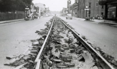 Image shows the King Street Track Removal 1947 in black and white