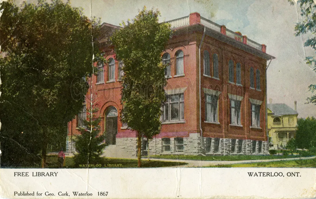 Image shows the front of a postcard of Waterloo's Free Library building