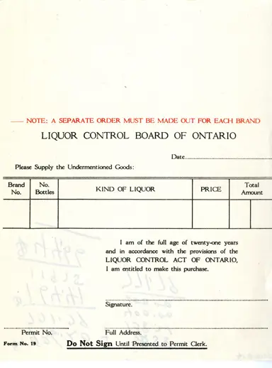 Image of blank LCBO order form