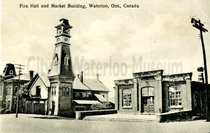 Image shows the front of a postcard with an illustrated version of the old Fire Hall and Market Building