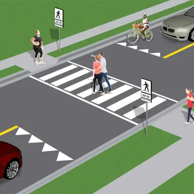 Image shows a graphic depiction of type D Pedestrian Crossover showing people walking across the pedestrian crossover safety. 