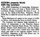 ACCKWA Luncheon Advert 1991 Waterloo ChronicleImage of newspaper advertisement for ACCKWA’s World AIDS Day Luncheon