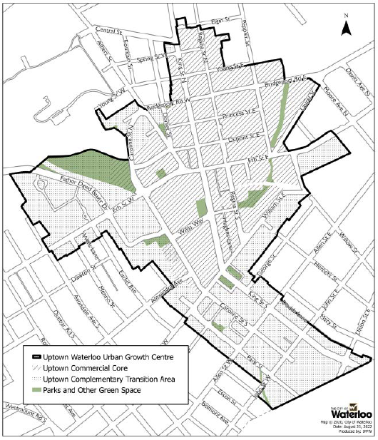 Image shows a map of Waterloo, specifically the uptown core boundaries.
