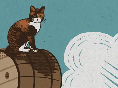 A Distiller's Tale exhibit image showing a stylized tortoise cat on a barrel on a blue and white background