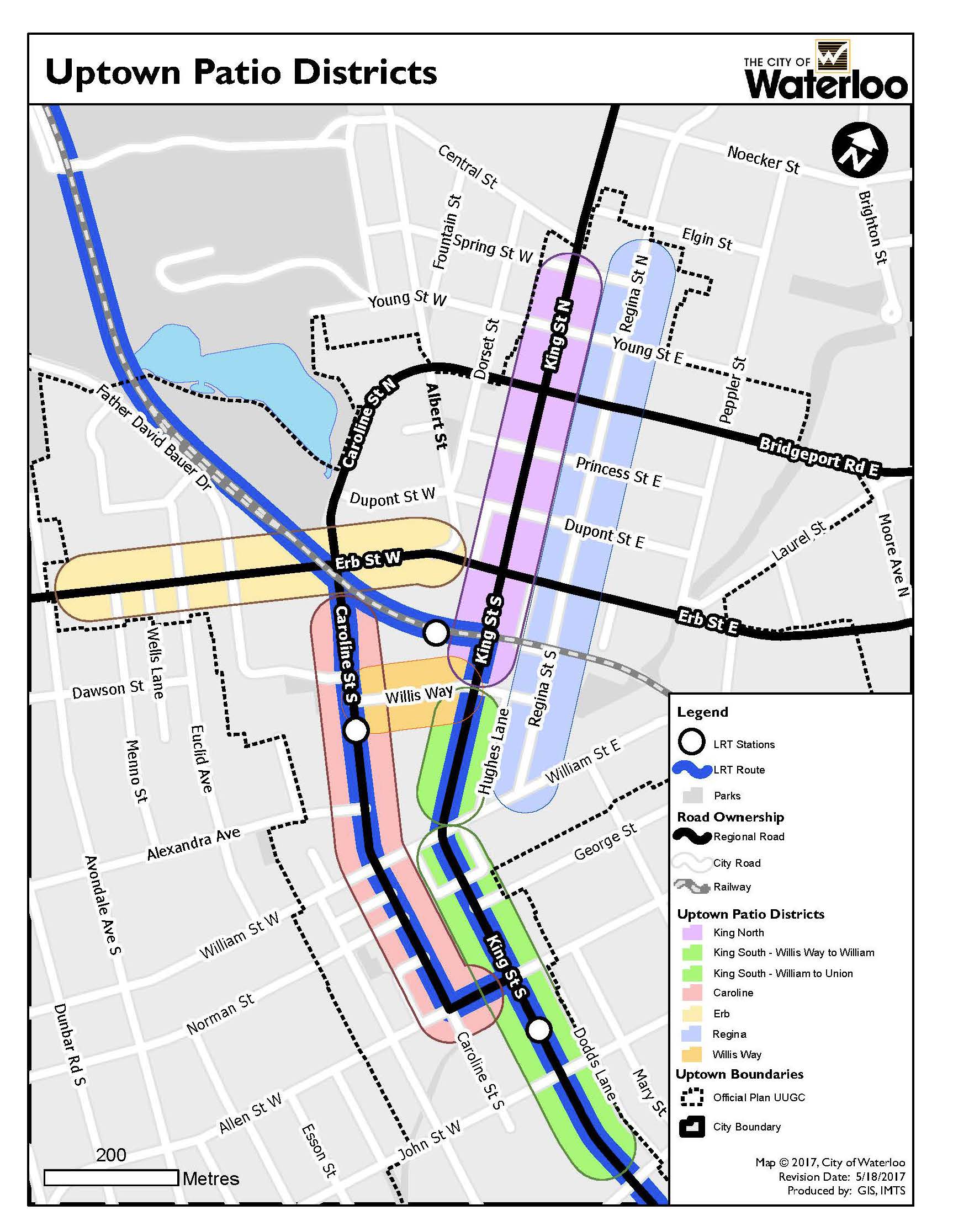 Uptown patio districts map outlining city streets corresponding to patio districts