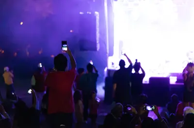People holding up phones to record a performance in a dark, purple-lit venue.