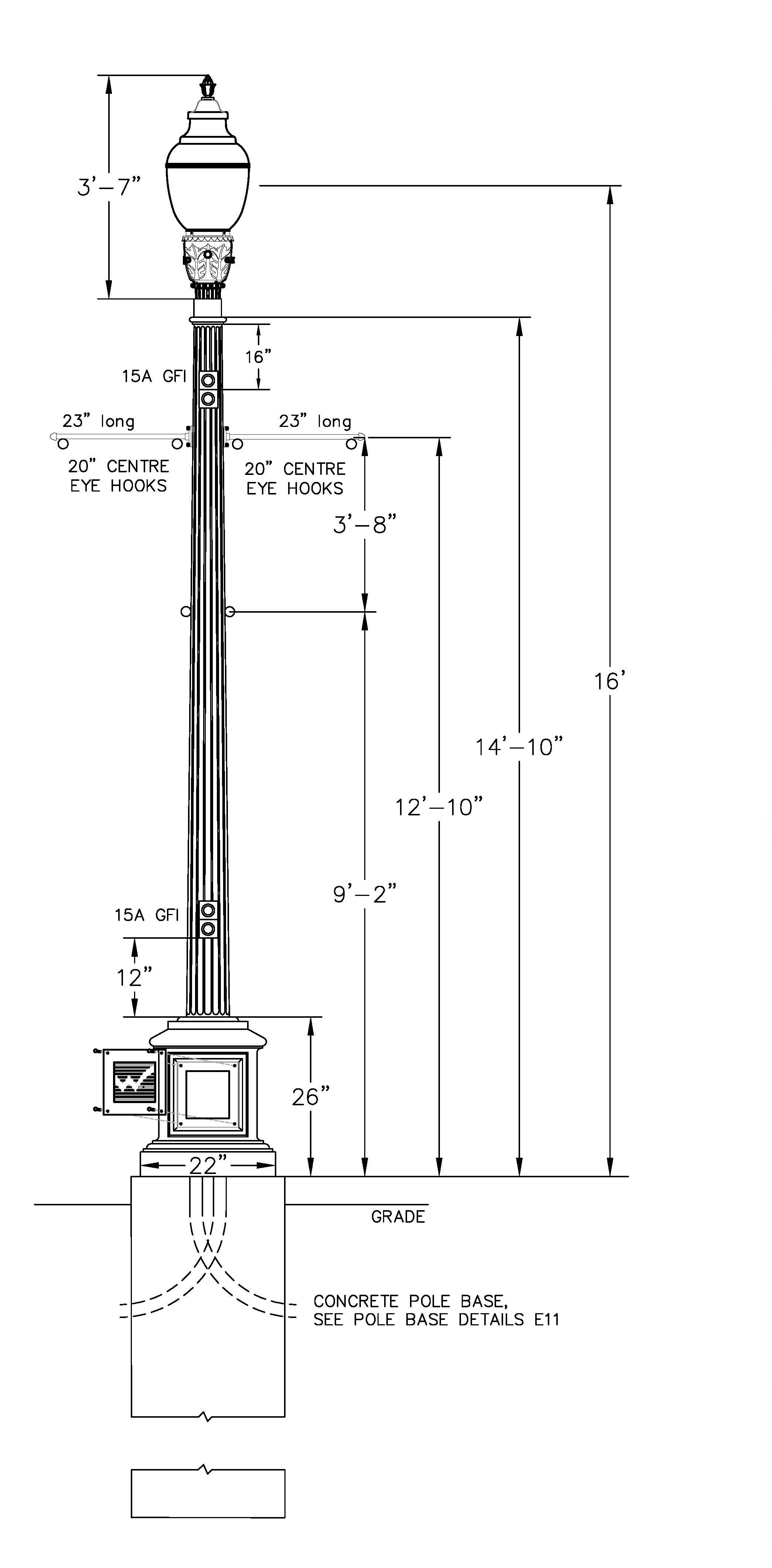 Image of a street light with the design specs for a 'Washington full cut off' street light