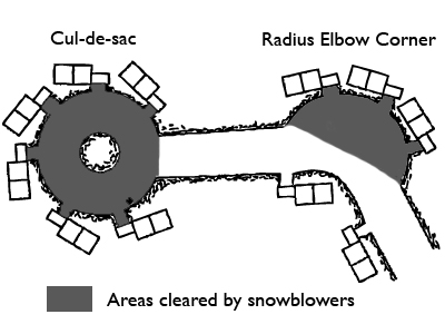 Diagram of where we use contract snowblowers to clear cul-de-sacs and radius corners.