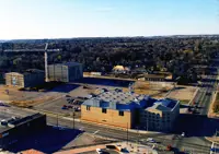 Ariel coloured photo of Seagram warehouse