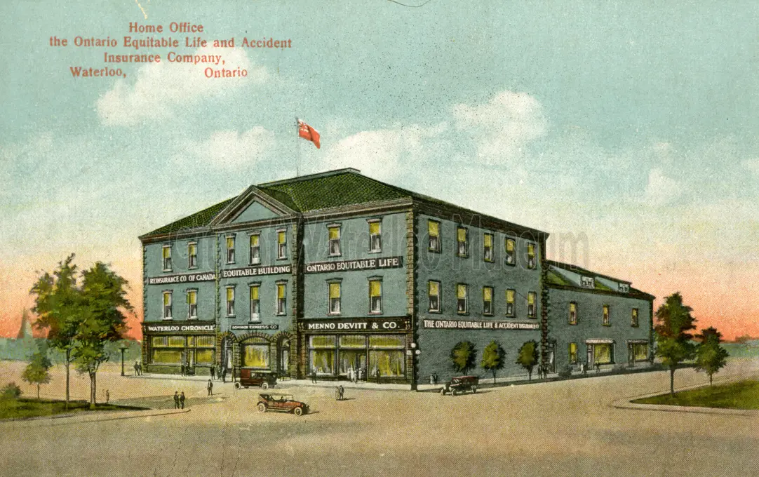 Front of Equitable Life Insurance Group Postcard showing the front of the building illustrated by an architect