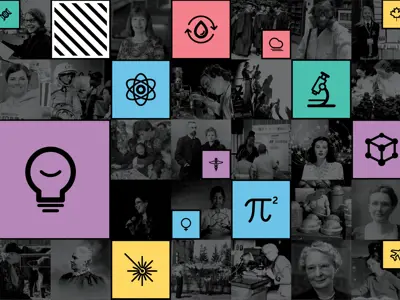 A collage of women in science, technology, medicine and innovation with colourful icons and graphic overlays.