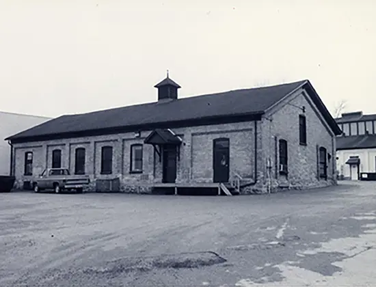 Seagram Distillery workshop exterior - black and white image