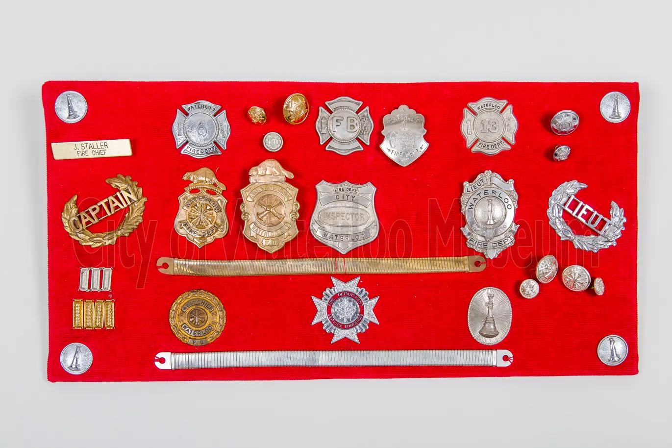 Waterloo Fire Department Hat Badges, Buttons, Collar Dogs and Service Bars