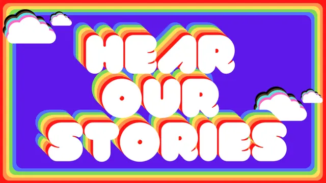 Graphic panel titled “Hear Our Stories” featuring stylized text and overlapping coloured shapes.
