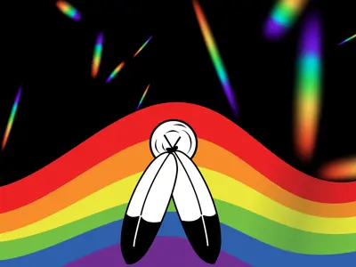 Two-Spirit Intersex Inclusive Progress Pride flag with colourful lights on a black background.