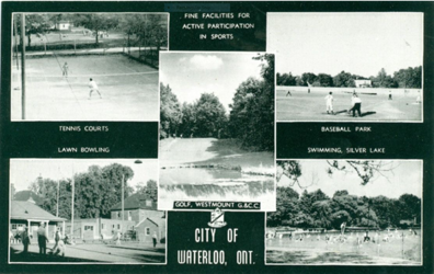 Image shows a post card made up of black and white photos