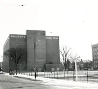 Black and white print of Seagram Distillery outside