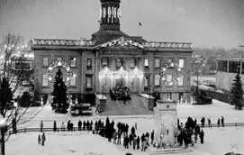 Black and white photo of Kitchener City Hall at Christmas, 1972