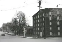Black and white exterior of old Seagram Distillery