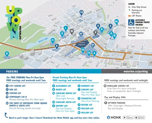 Map of uptown Waterloo that shows parking lot locations. The legend indicates free parking times and permit parking availability. Accessible parking is free in all lots except the Uptown Parkade.