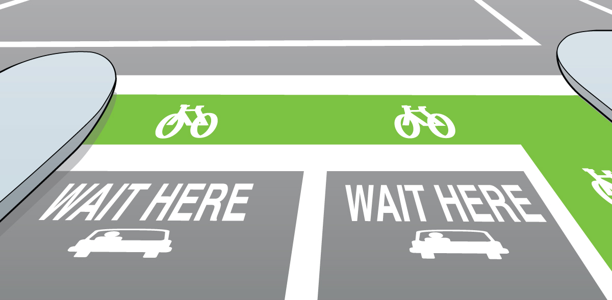 Bike box markings showing cyclist waiting area ahead of vehicles